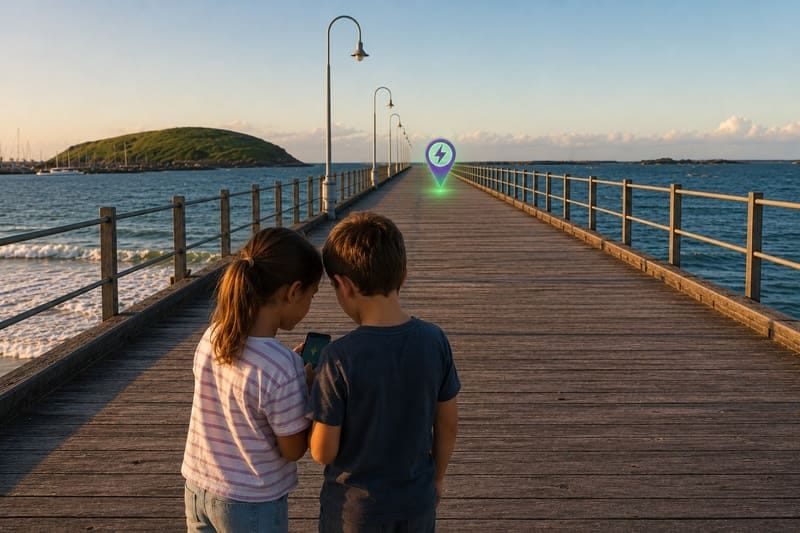 Two kids exploring Coffs Harbour Jetty with the Hidden Worlds app