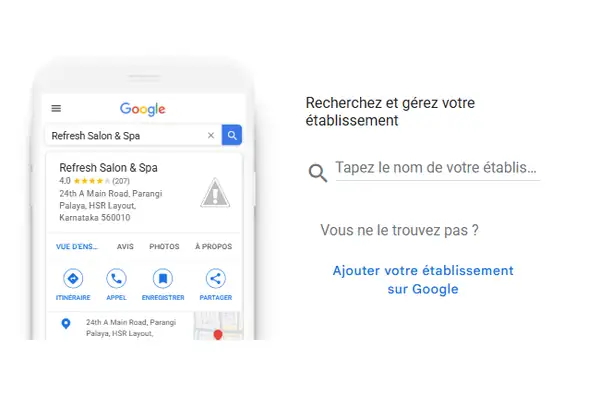 Écran d'accueil de l'outil Google : la recherche d'établissement et le lien « Ajouter votre établissement sur Google »