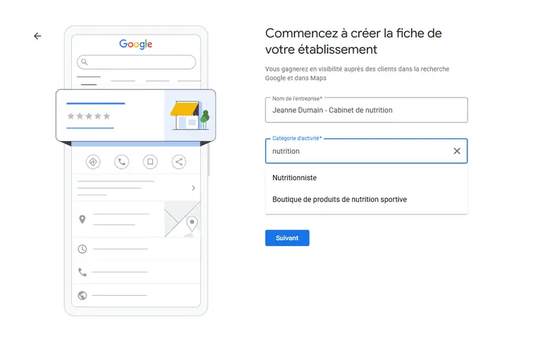 Formulaire Google : nom de l'entreprise « Jeanne Dumain - Cabinet de nutrition », catégorie d'activité « nutrition » avec les suggestions Nutritionniste et Boutique de produits de nutrition sportive
