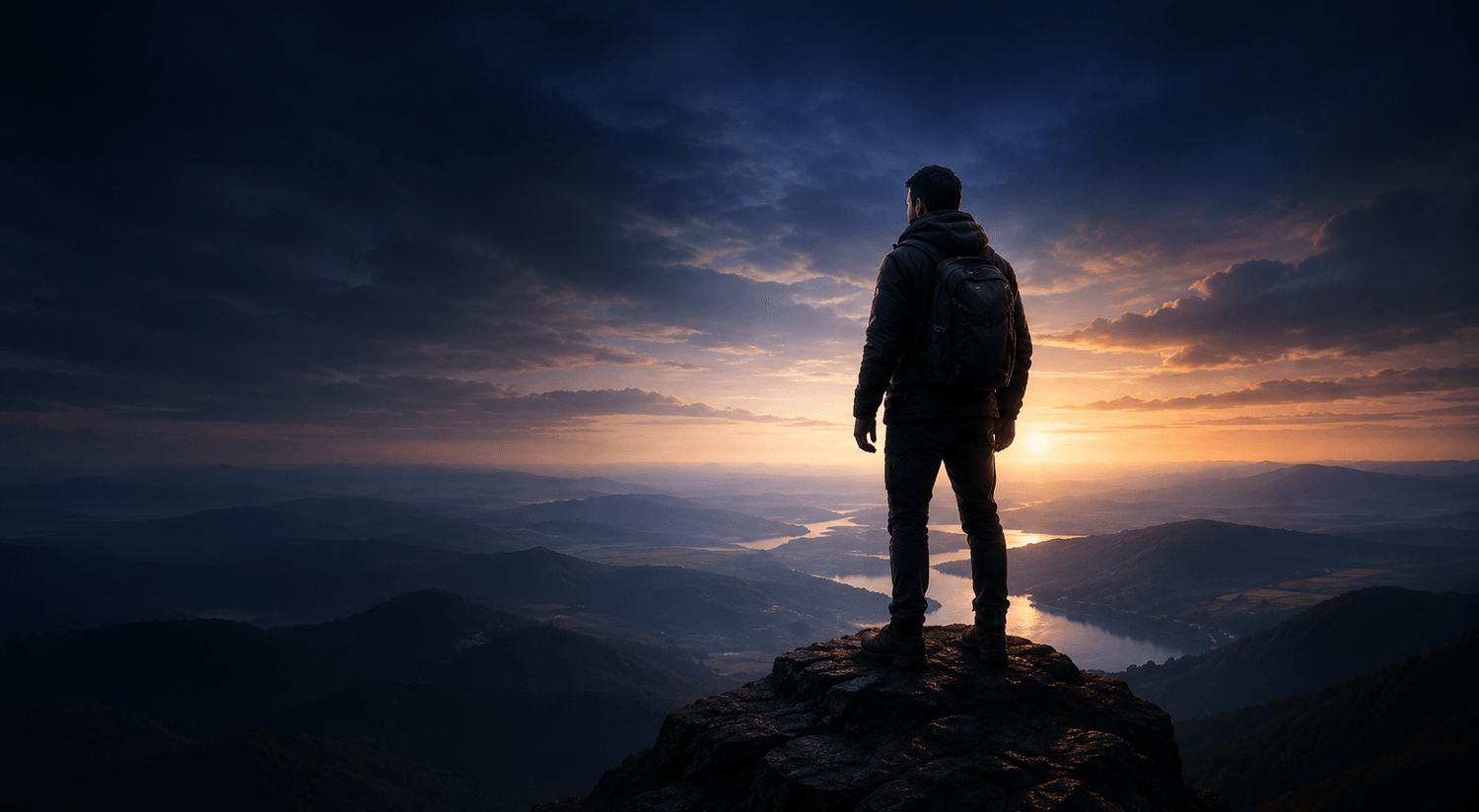 A person standing on a cliff overlooking a sunset, backpack on, facing a new horizon