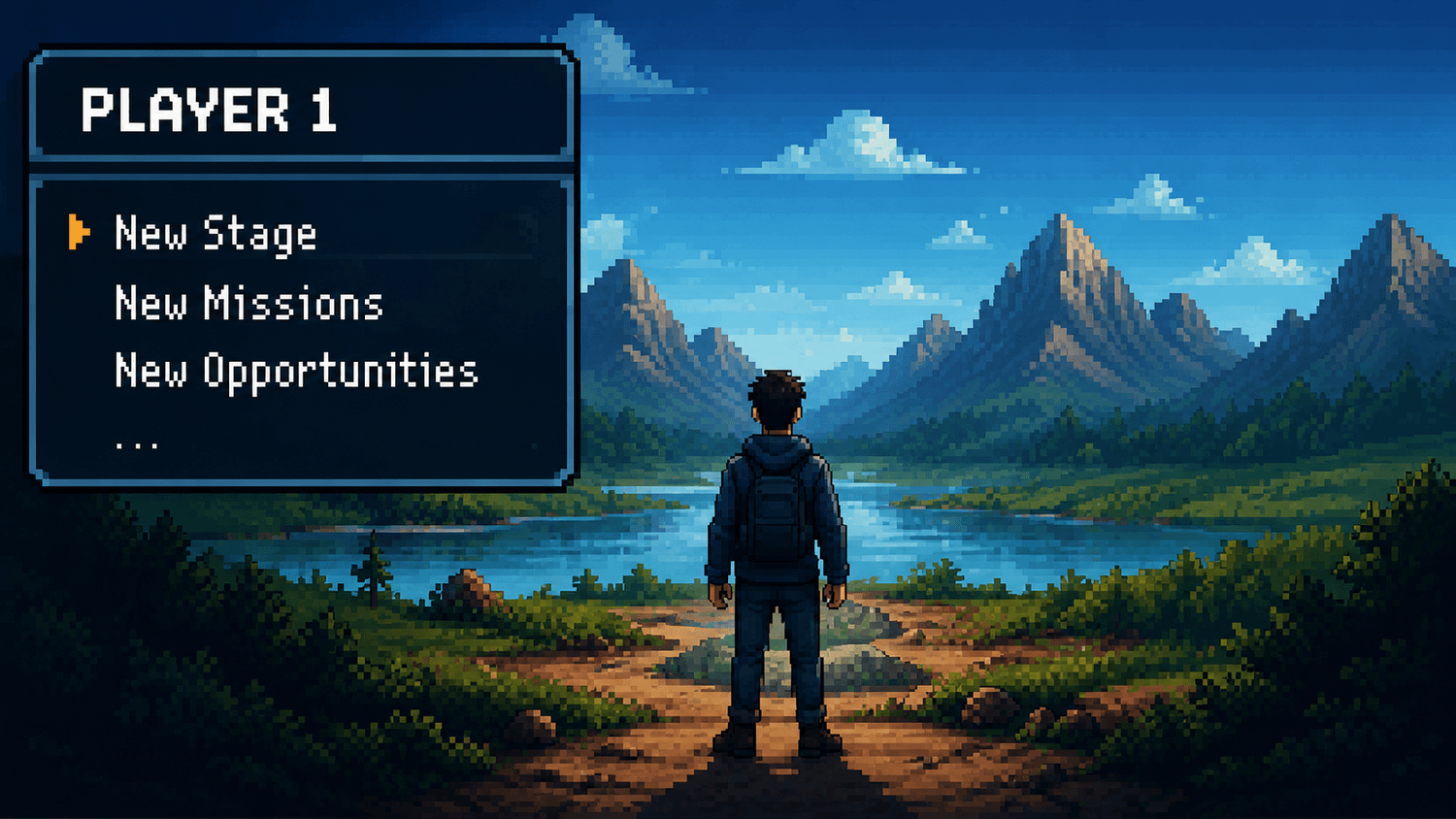 Pixel-art style landscape with a small character standing before mountains and a lake