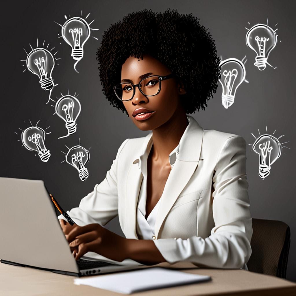 Black woman brainstorming business idea notebook