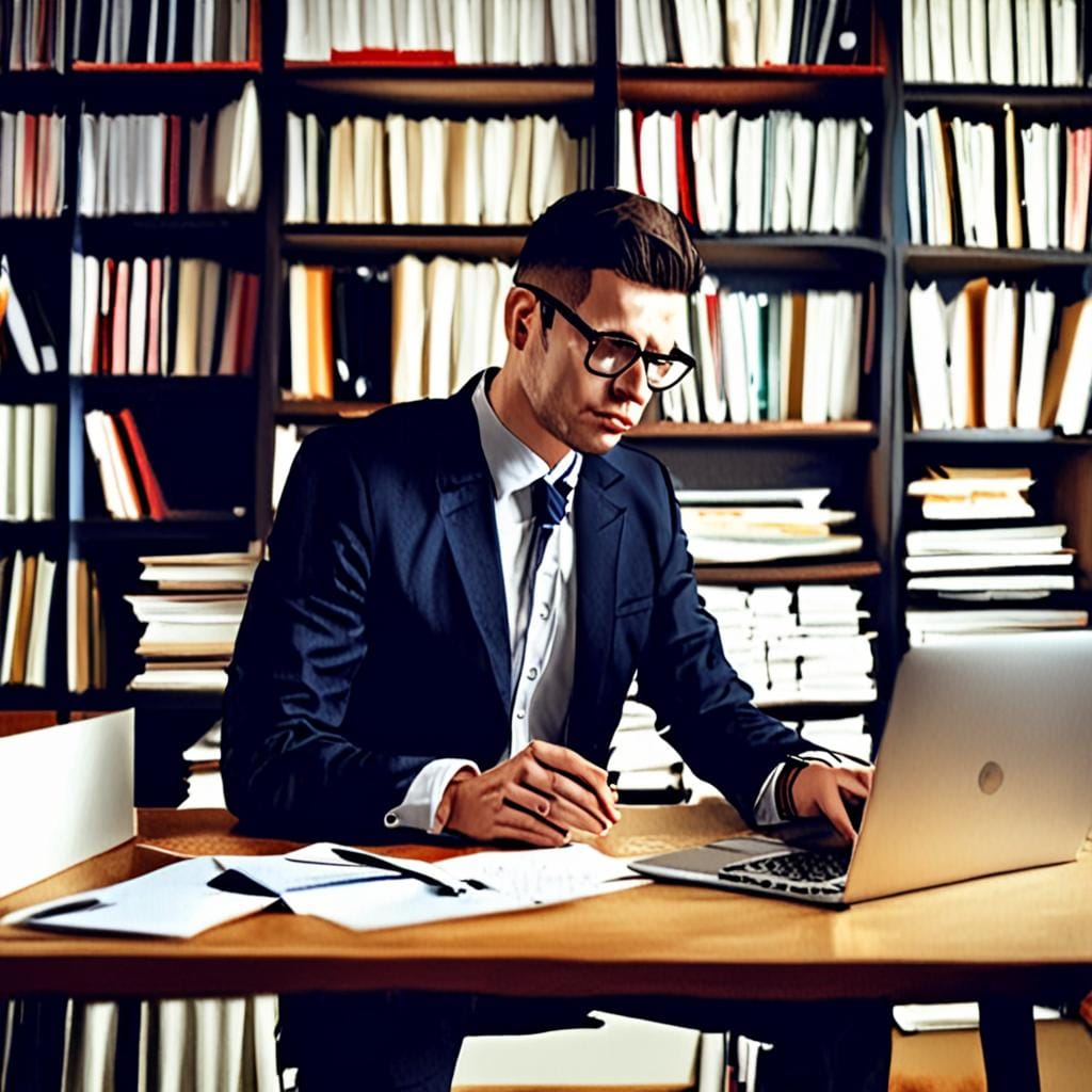 entrepreneur organizing business documents laptop