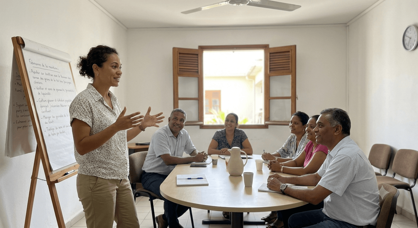 Formatrice animant une session avec un groupe d'adultes à La Réunion