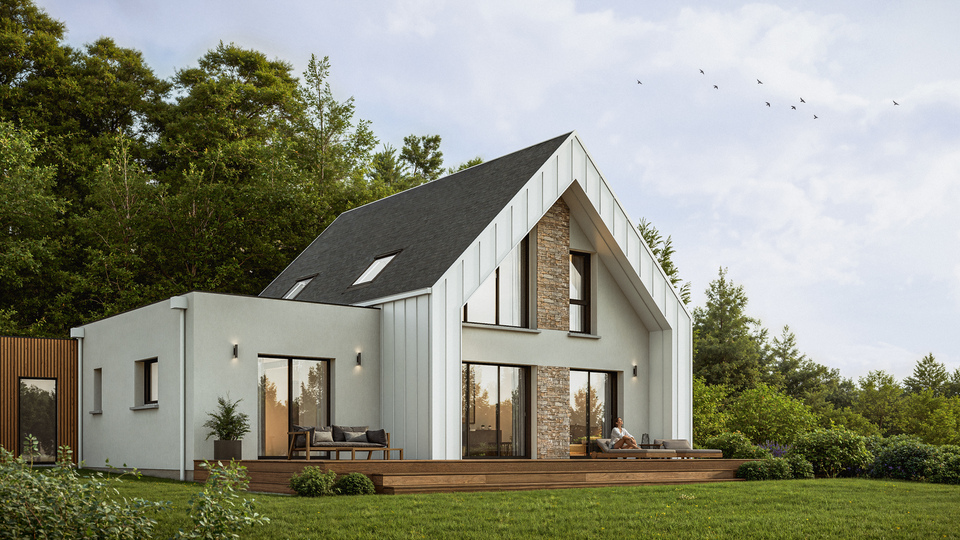 Rendu 3D architectural d'une maison contemporaine bi-matériau bois et pierre avec grande baie vitrée et toiture en zinc à double pente.