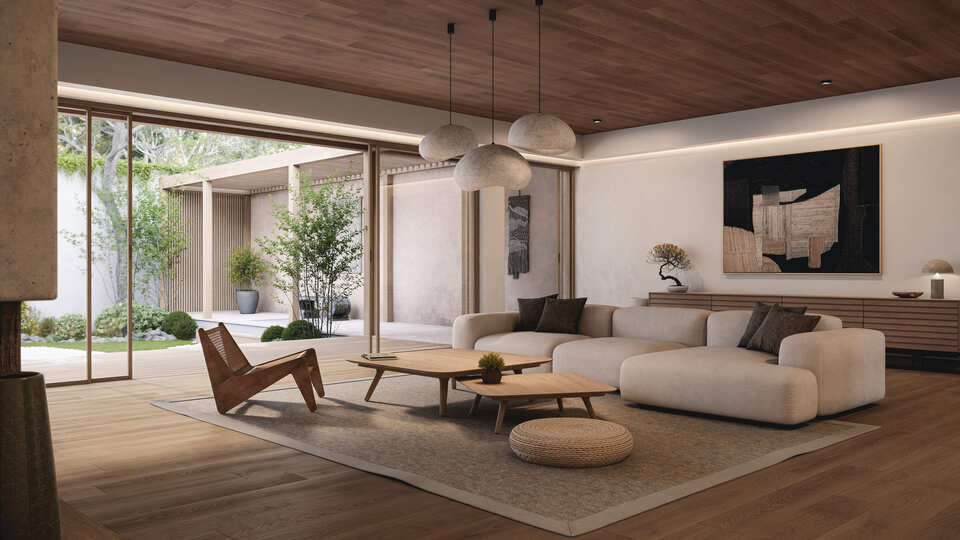 Rendu 3D architectural d'un aménagement intérieur contemporaine japandi avec grande baie vitrée et pergolas bois.