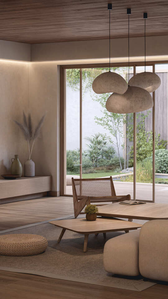 Visualisation 3D d'un salon contemporain japandi avec grande baie vitrée et jardin japonais.