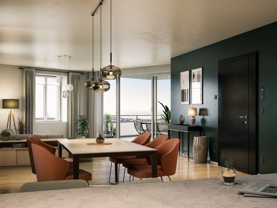 Rendu 3D photoréaliste d'un séjour moderne avec grande baie vitrée, terrasse et vue sur la rade de Brest.