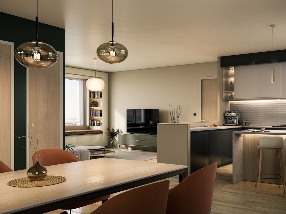 Rendu 3D photoréaliste d'un salon séjour contemporain avec grande fenetre et coin lecture.