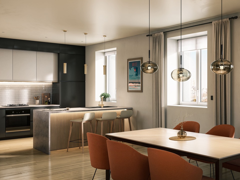 Rendu 3D photoréaliste d'une cuisine moderne ouverte sur séjour contemporain