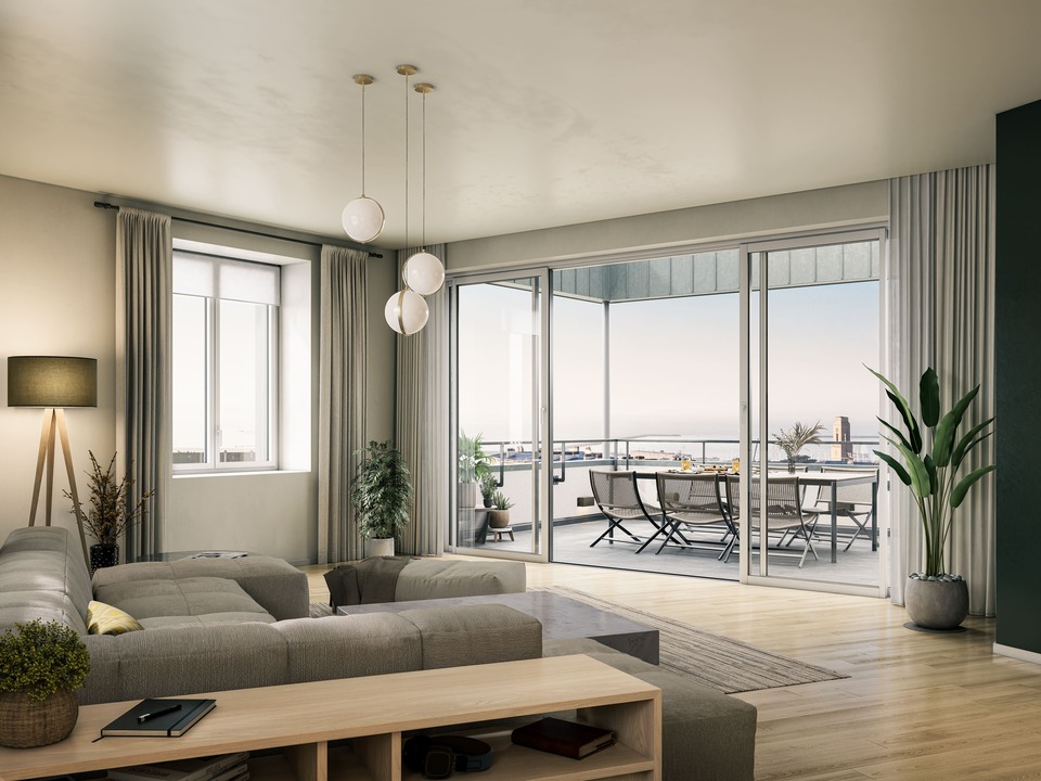 Rendu 3D photoréaliste d'un salon moderne avec grande baie vitrée, terrasse et vue sur la rade de Brest.