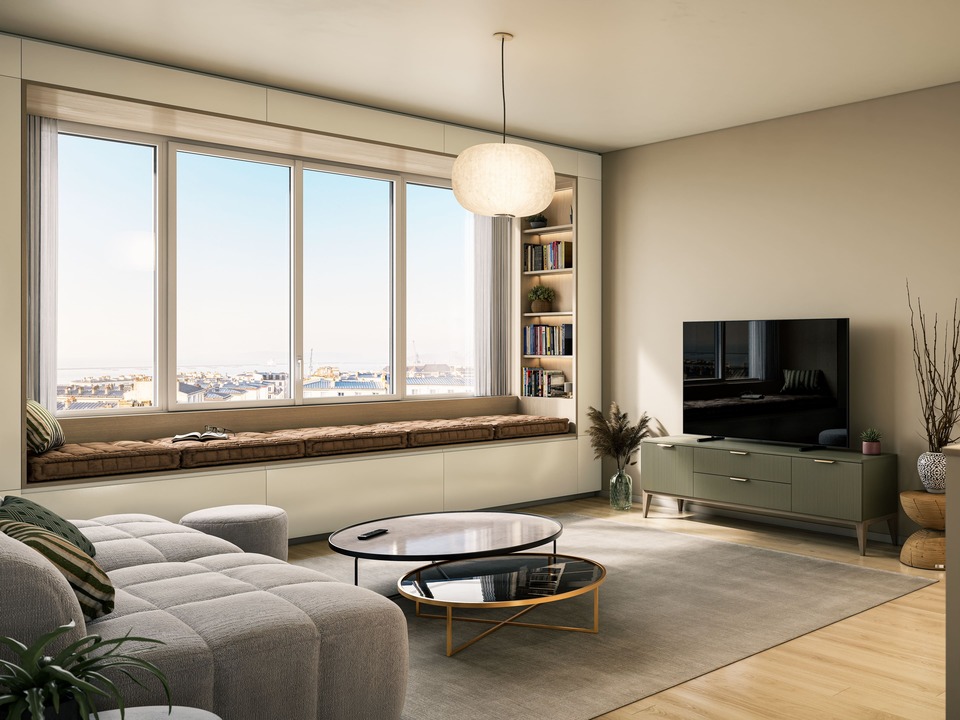 Rendu 3D photoréaliste d'un salon moderne contemporain avec grande fenêtre et banquette lecture