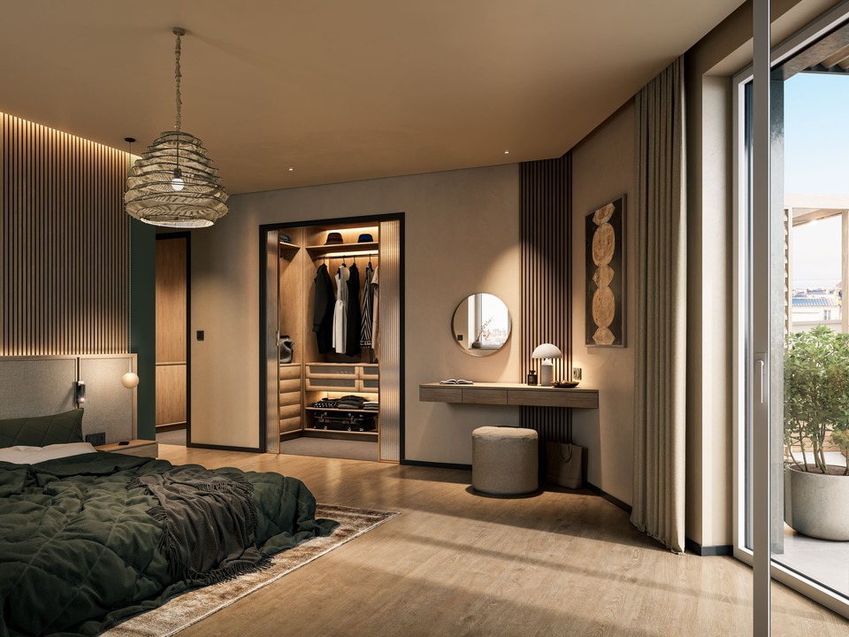 Rendu 3D photoréaliste d'une cuisine moderne ouverte sur séjour contemporain