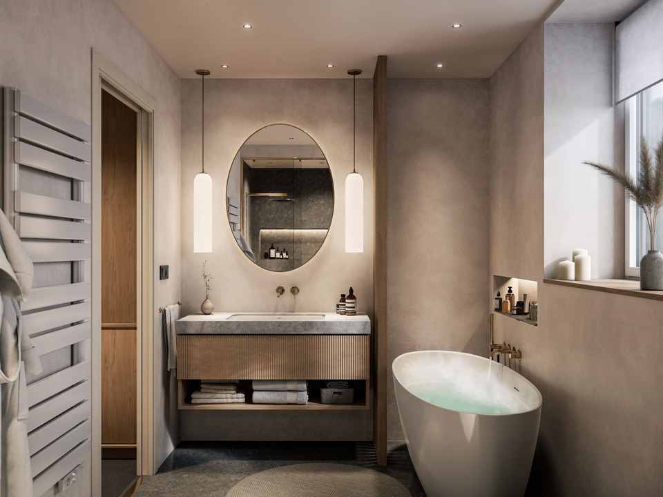 Rendu 3D photoréaliste d'une salle de bain moderne et contemporaine avec vasque marbre et meubles bois, baignoire.