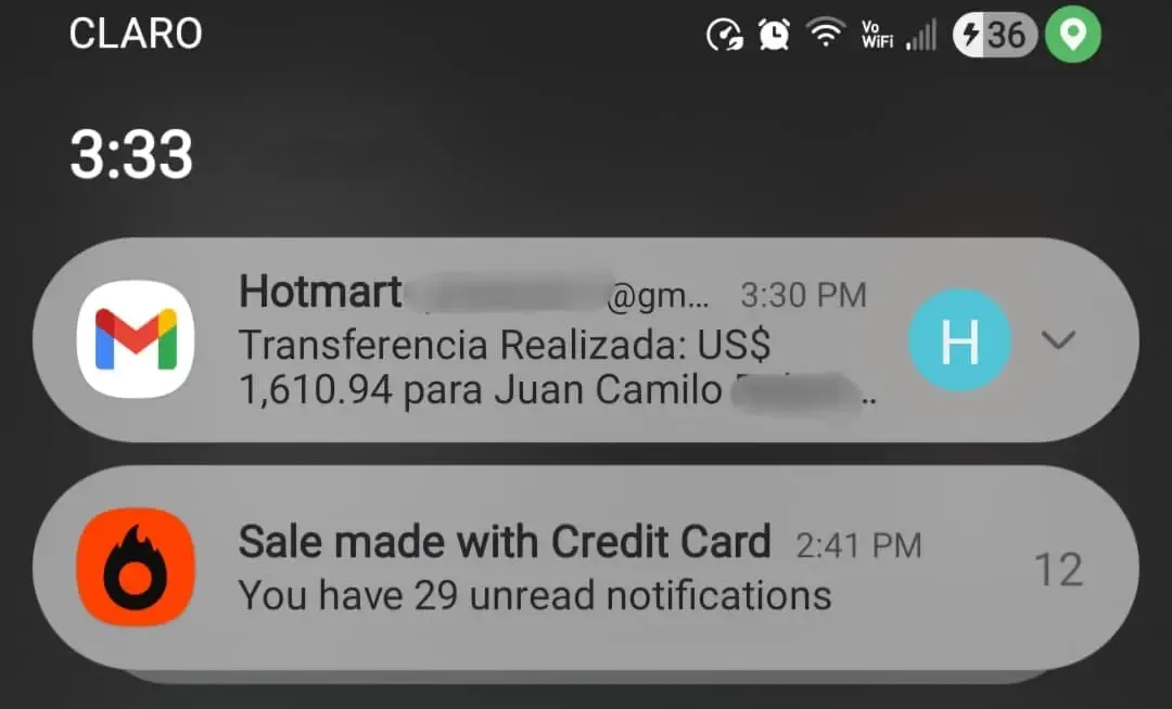 Notificación de transferencia bancaria