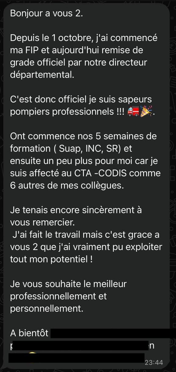 Message WhatsApp d'un candidat devenu sapeur-pompier professionnel