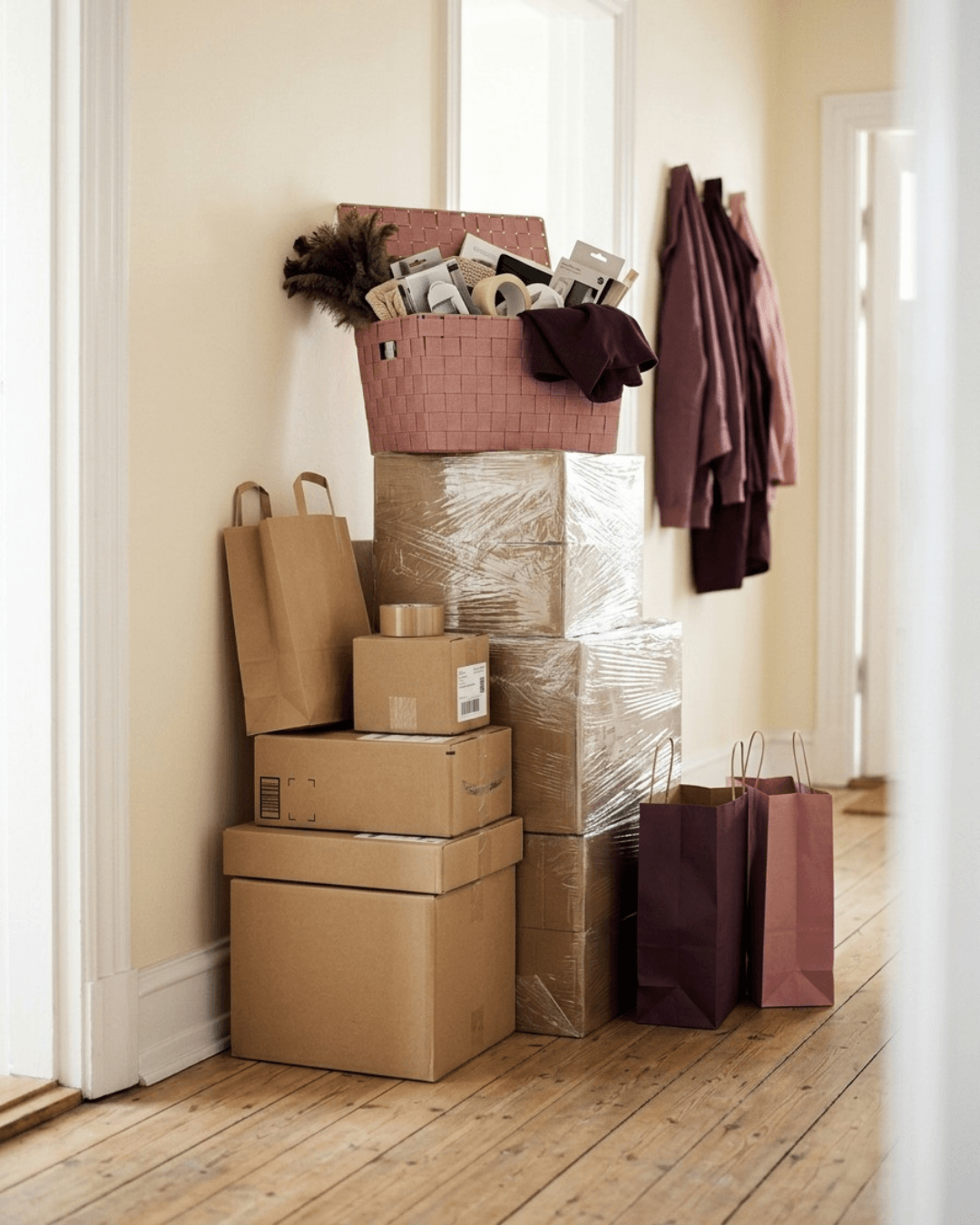 Un pasillo con una pila de paquetes y bolsas de compra, y encima una cesta organizadora nueva que ya rebosa.
