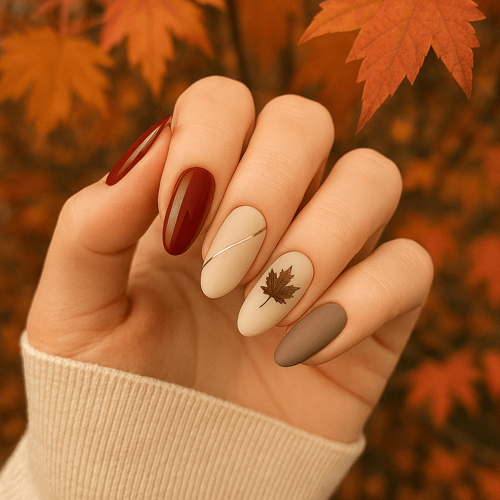 main nail art automne marron mat et feuille d'érable