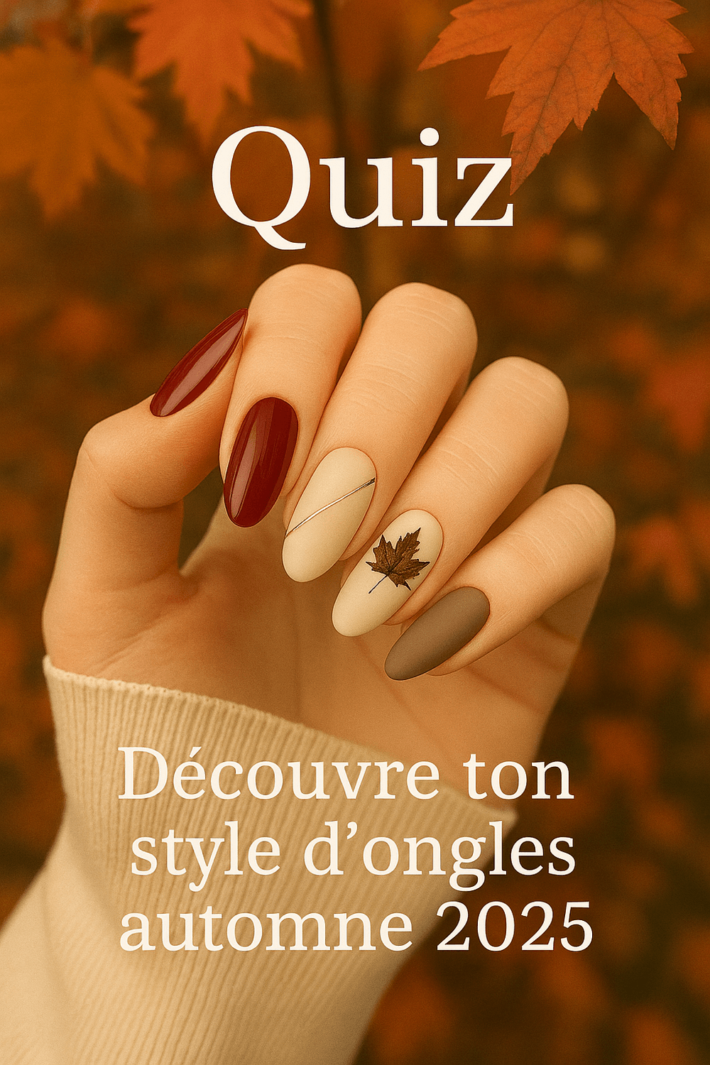 une main avec un nail art d'automne pour un quiz