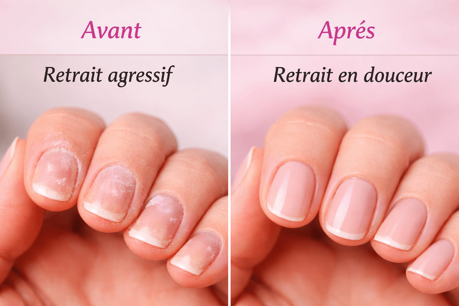Comparatif retrait semi-permanent : ongles abîmés et ongles sains