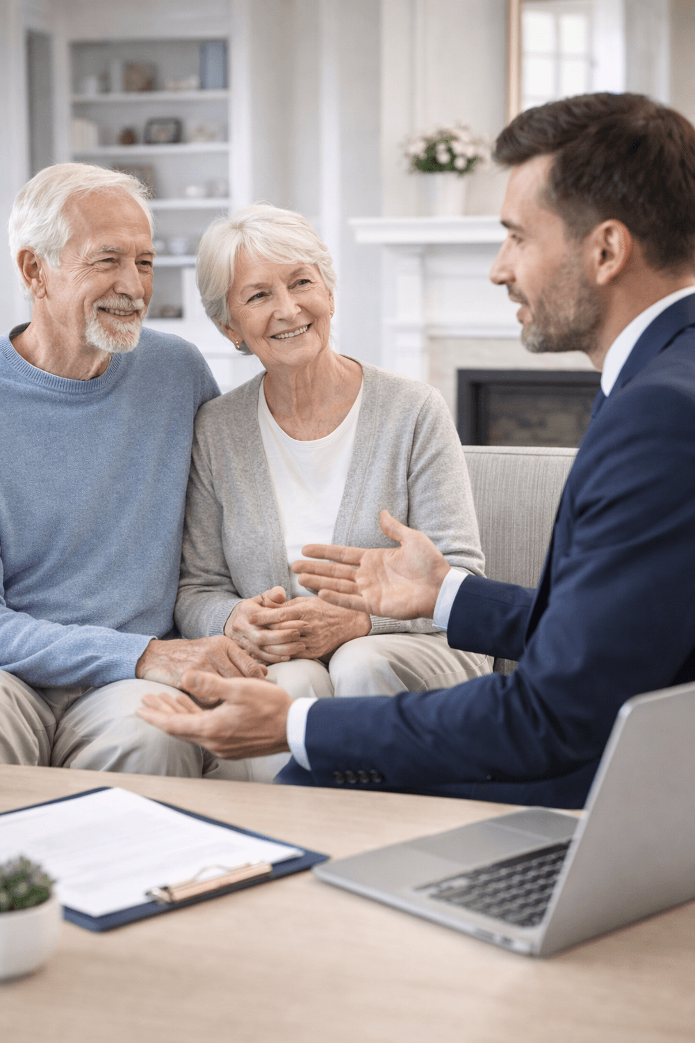 Elderly couple discussing estate planning with advisor