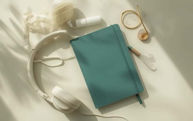 minimal calm journal headphones teal cream wellness flatlay