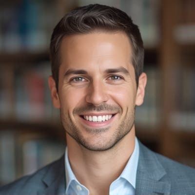 warm professional male therapist portrait in library