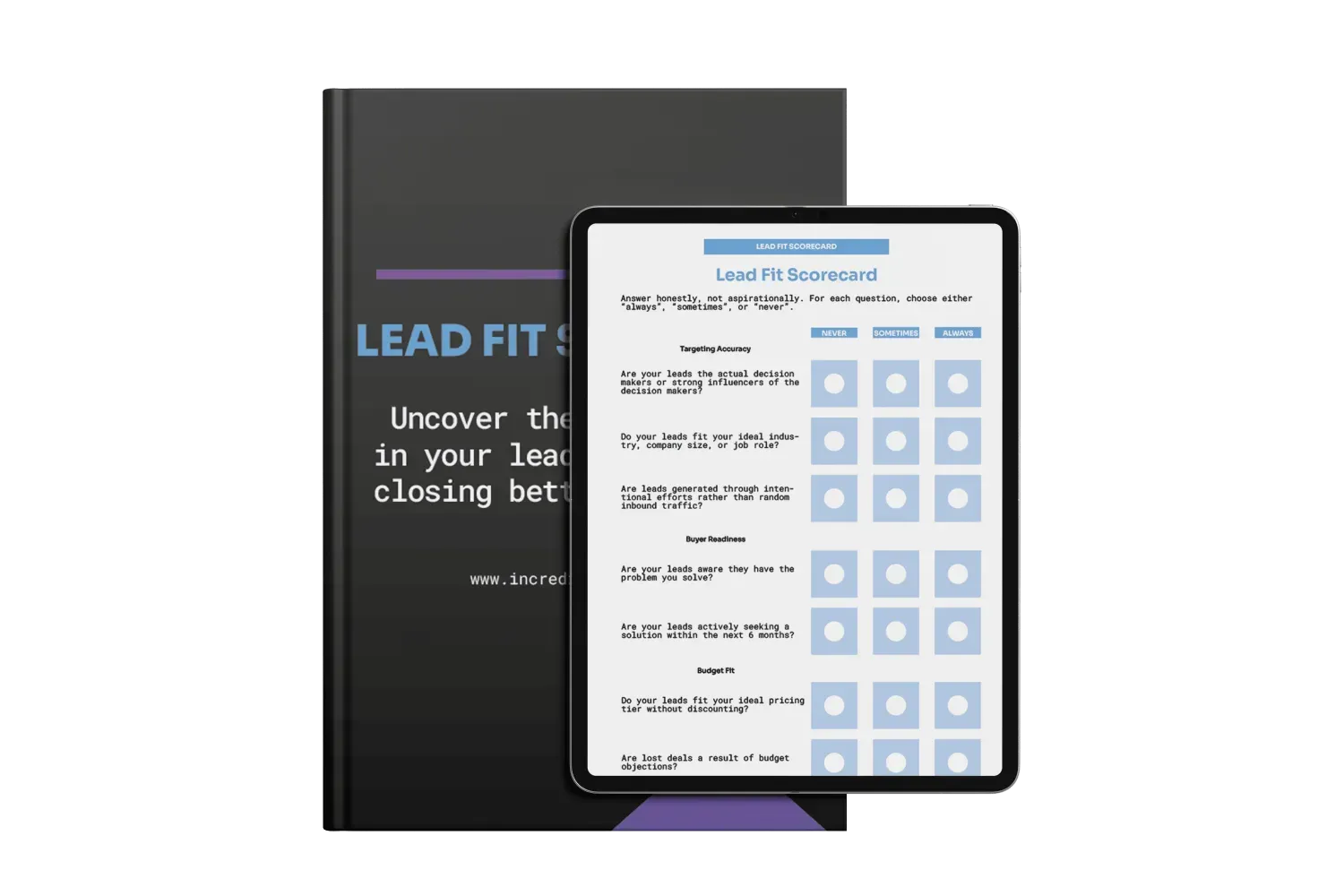 Book with Lead Fit Scorecard title and tablet showing Lead Fit Scorecard on screen