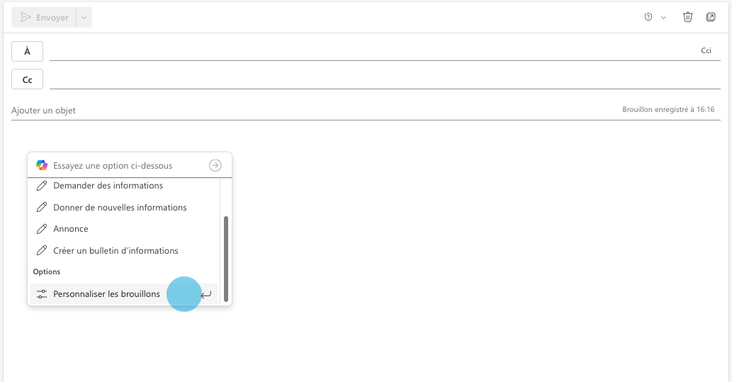 Rédaction d'un nouvel email dans Outlook avec Copilot