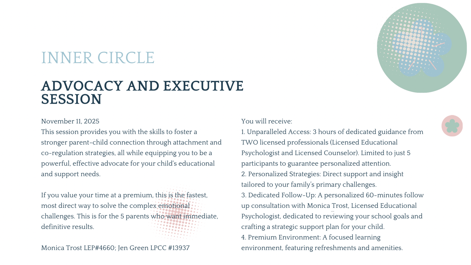 Inner Circle Advocacy and Executive Session 11/11/25 with Monica Trost and Jen Green. Description of the 3 hours course, detailed follow up with Monica Trost, and learning co-regulation strategies.