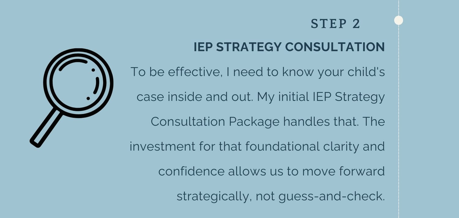 Step 2: IEP STRATEGY CONSULTATION To be effective, I need to know your child's case inside and out. My initial IEP Strategy Consultation Package handles that. The investment for that foundational clarity and confidence allows us to move forward strategically, not guess-and-check.