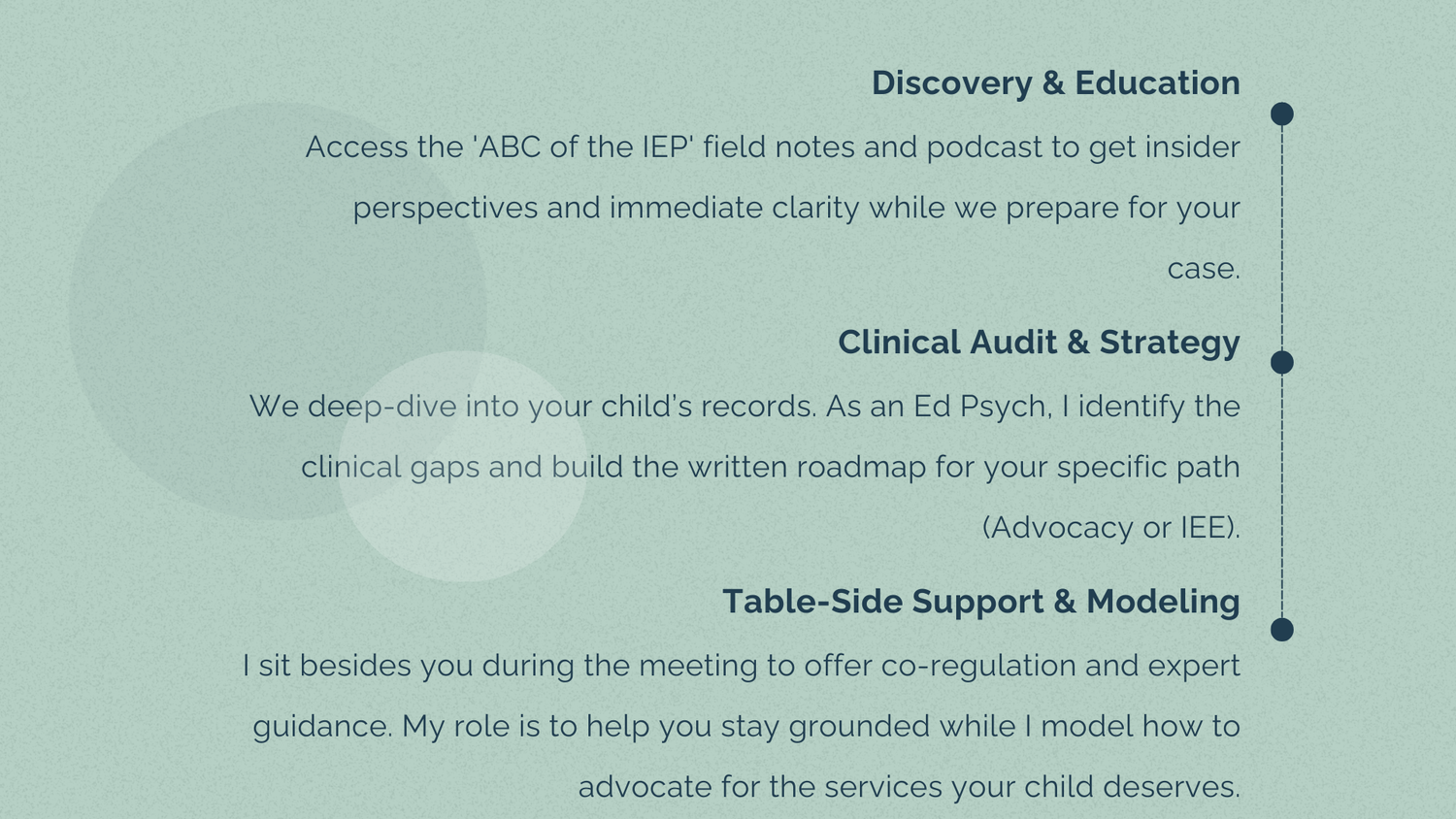 Discovery & Education Access the 'ABC of the IEP' field notes and podcast to get insider perspectives and immediate clarity while we prepare for your case. Clinical Audit & Strategy We deep-dive into your child’s records. As an Ed Psych, I identify the clinical gaps and build the written roadmap for your specific path (Advocacy or IEE). Table-Side Support & Modeling I sit besides you during the meeting to offer co-regulation and expert guidance. My role is to help you stay grounded while I model how to advocate for the services your child deserves.