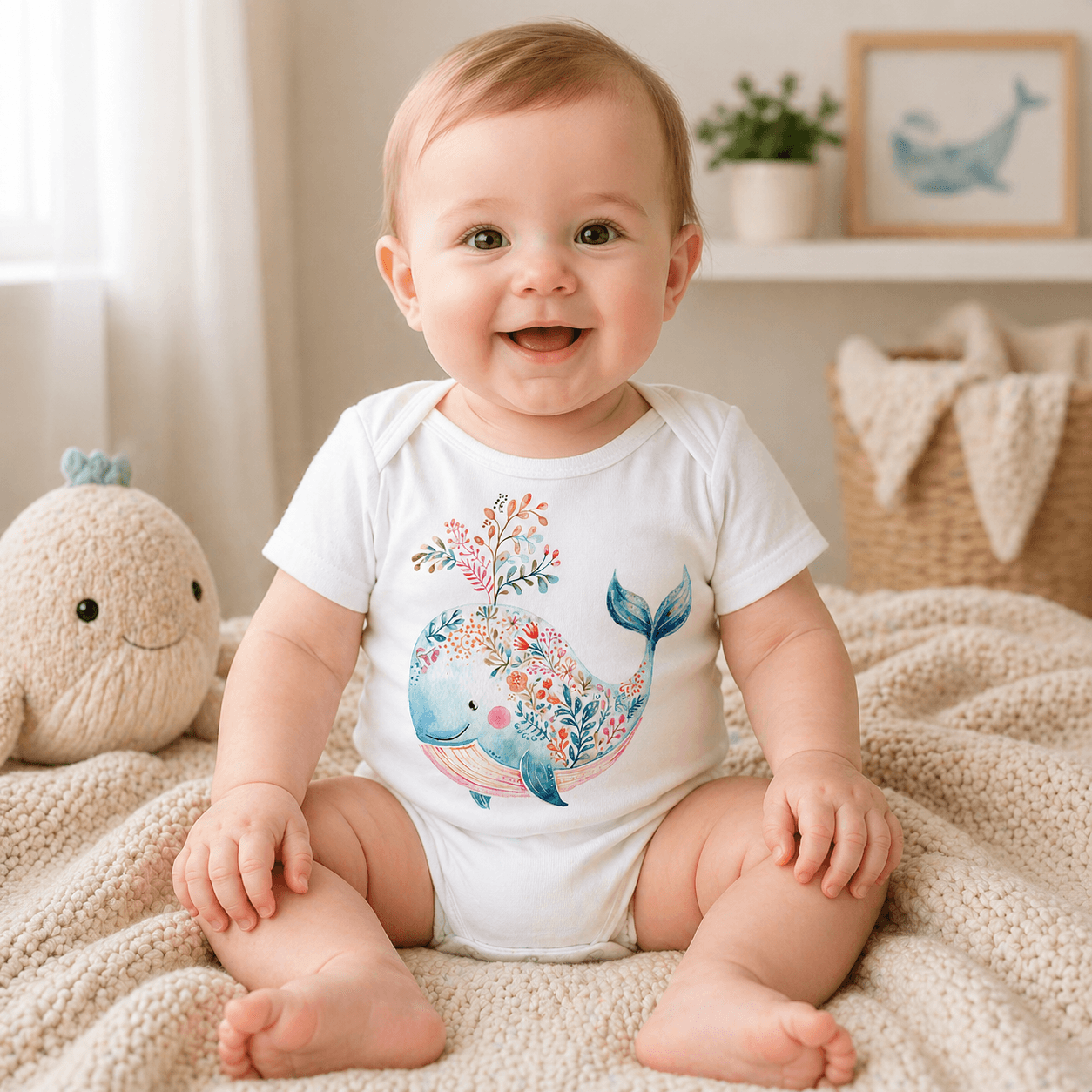 Watercolor whale clipart on a baby onesie