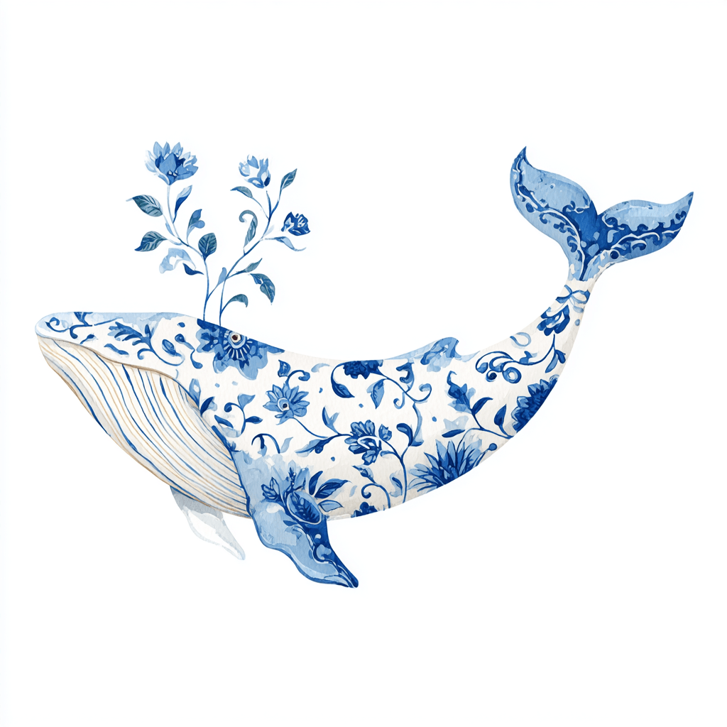 Original blue floral whale clipart