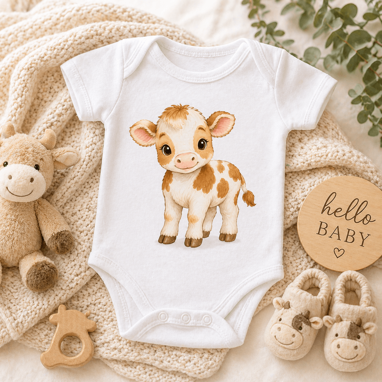 Watercolor cow clipart on a baby onesie