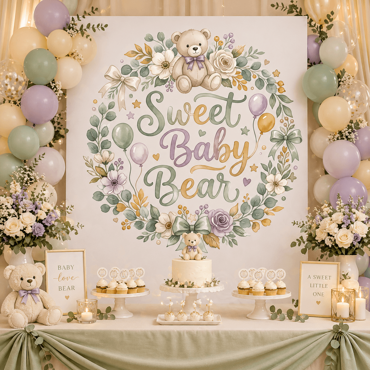 Sweet Baby Bear party backdrop with cupcake toppers