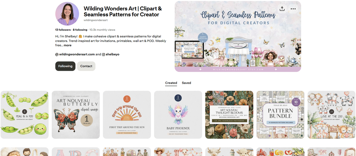 Wilding Wonders Art Pinterest profile, 10.3k monthly views, with auto-posted product pins