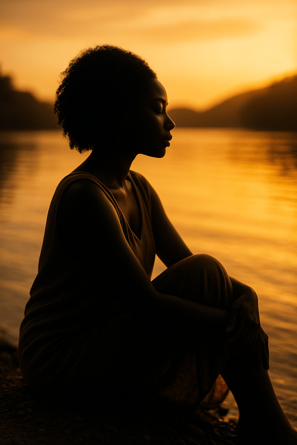 Silhouette of a Black woman resting peacefully beside still water, symbolizing softness, healing, and the sacred exhale of the Revolution of Rest.