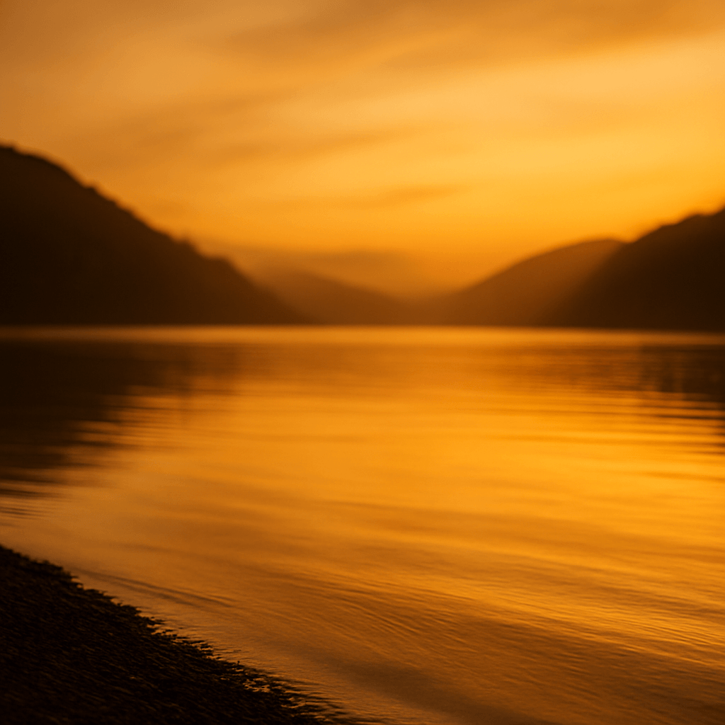 A serene lakeside at sunset with soft golden light reflecting on calm water, creating a peaceful, restorative atmosphere symbolizing rest and emotional release.