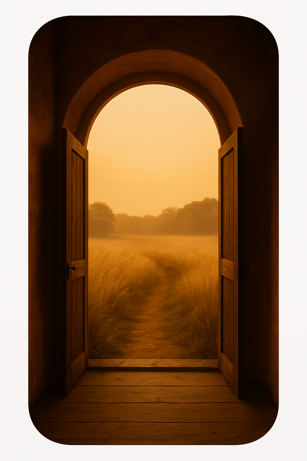 An open doorway filled with warm golden light, symbolizing rest as the sacred entryway into healing, softness, and a new beginning