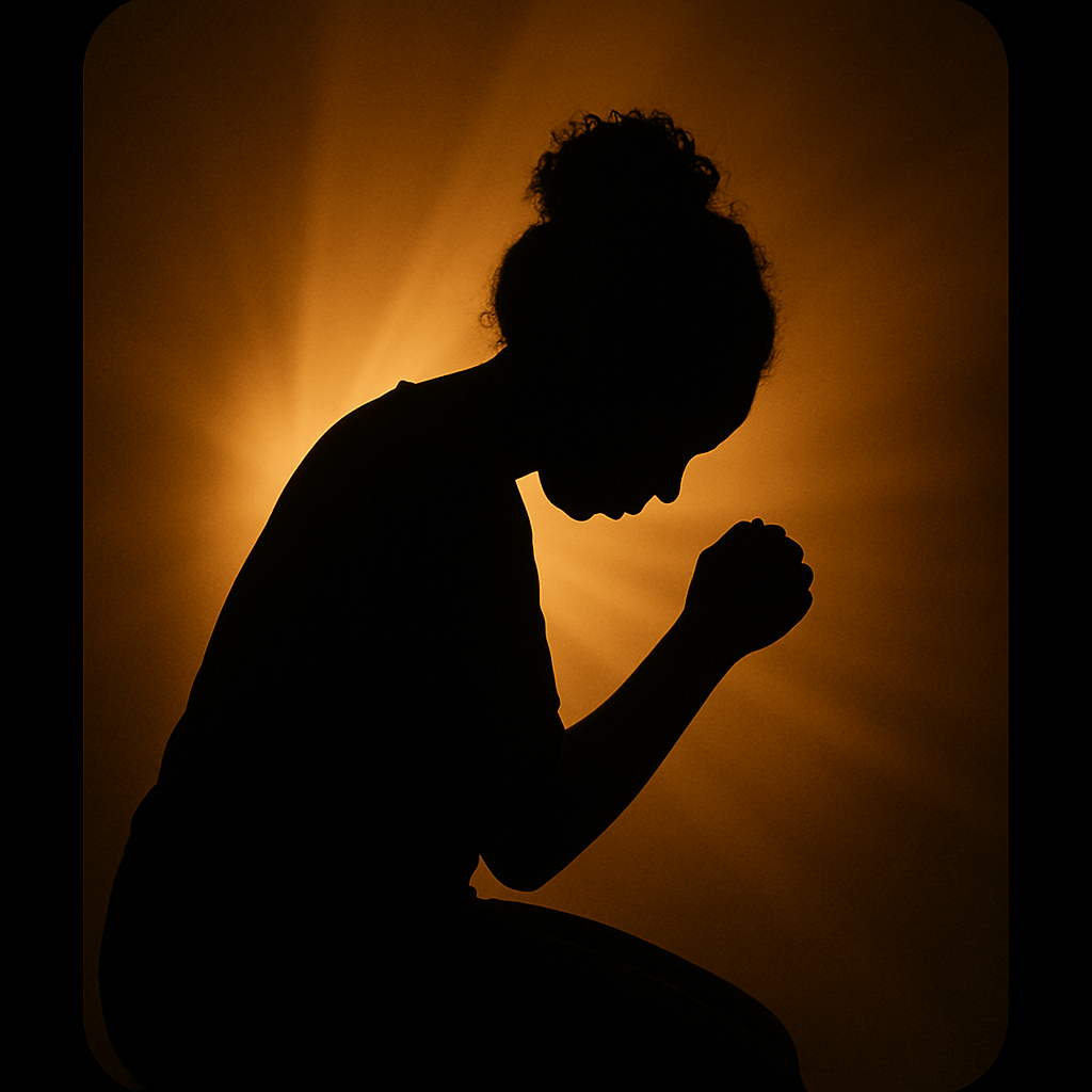 A silhouette of a Black woman bowing in quiet surrender as warm golden light breaks behind her, symbolizing holy release, emotional healing, and a sacred return to self