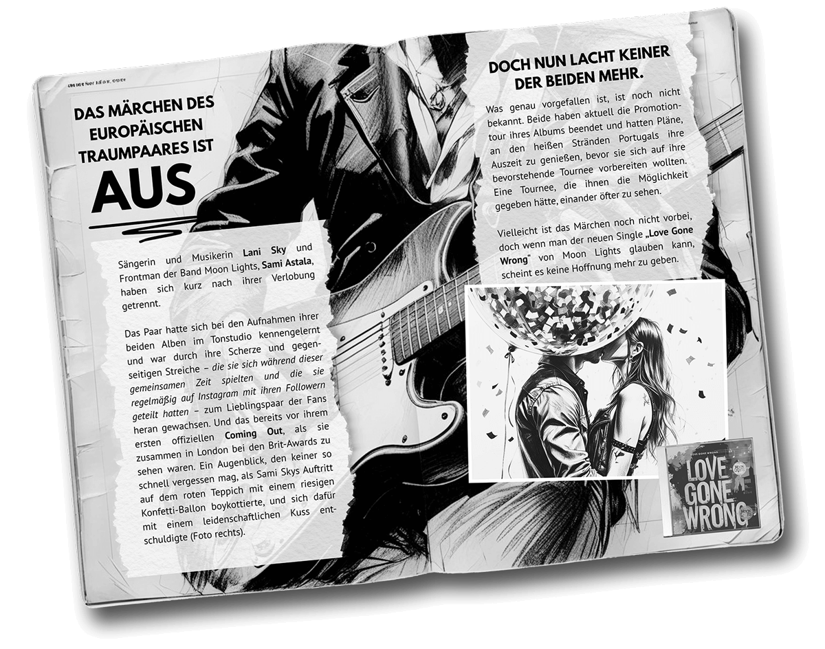 Bild einer aufgeschlagenen Musikzeitschrift mit dem Titel: Das Märchen des europäischen Traumpaares ist aus.