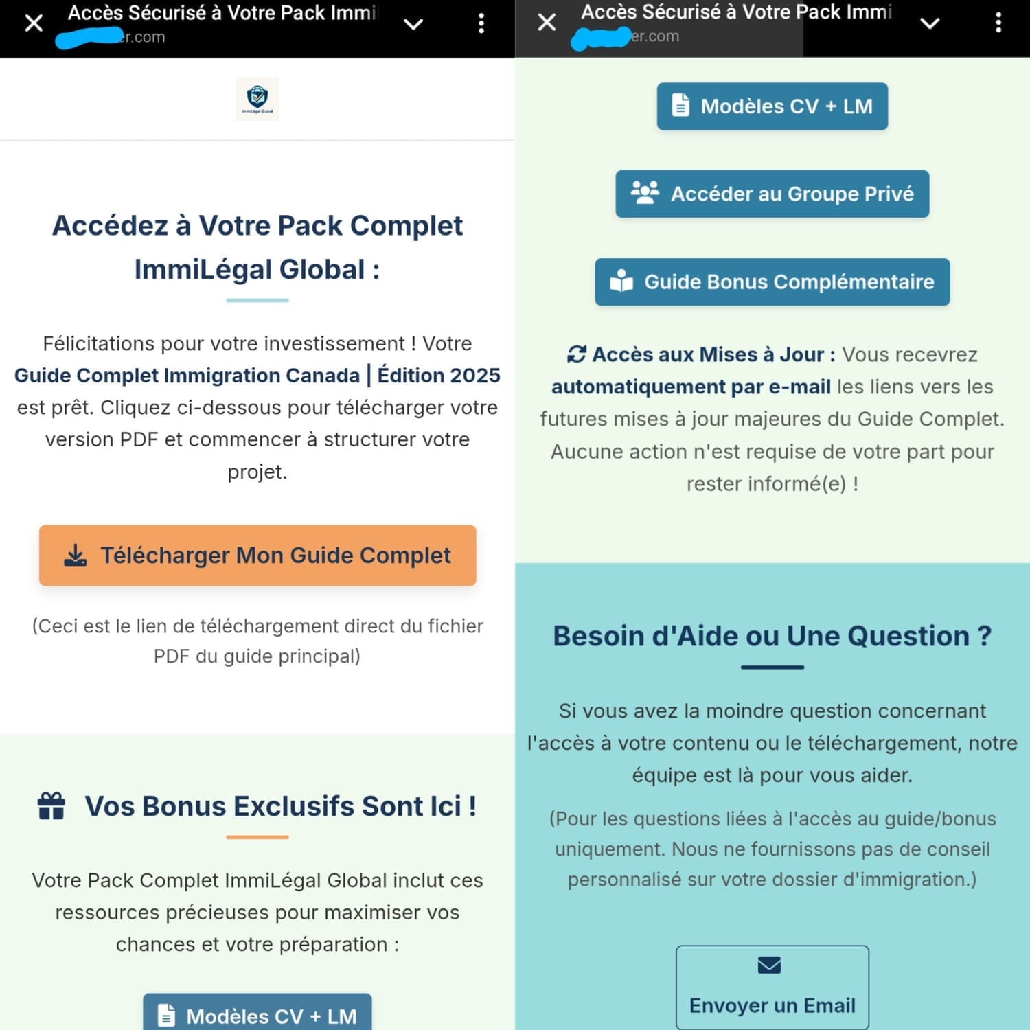 Aperçu de la plateforme d'accès sécurisée avec guide, bonus et support