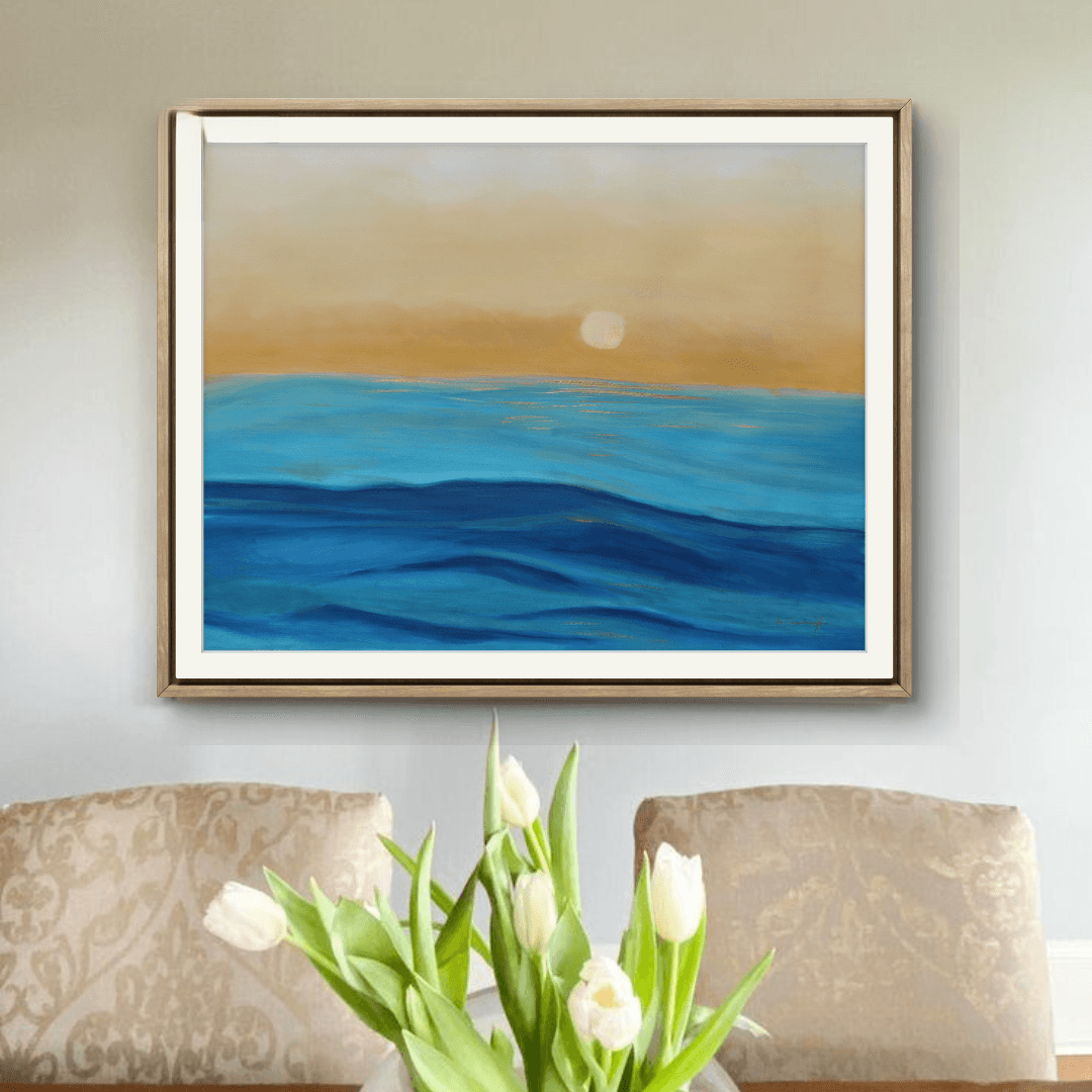 Cuadro Puesta de sol "horizonte en calma" pintado a mano, decorando un salón elegante."