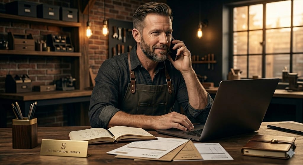 Artisan serein gérant sa facturation électronique 2026 sur ordinateur - Pack Sérénité