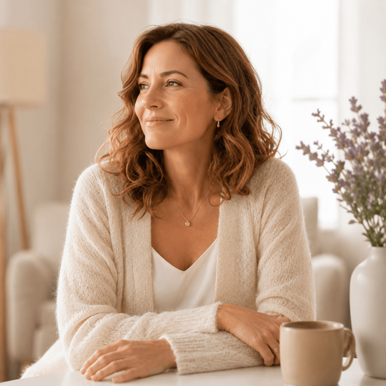 Mujer adulta sonriendo en un entorno cálido y sereno