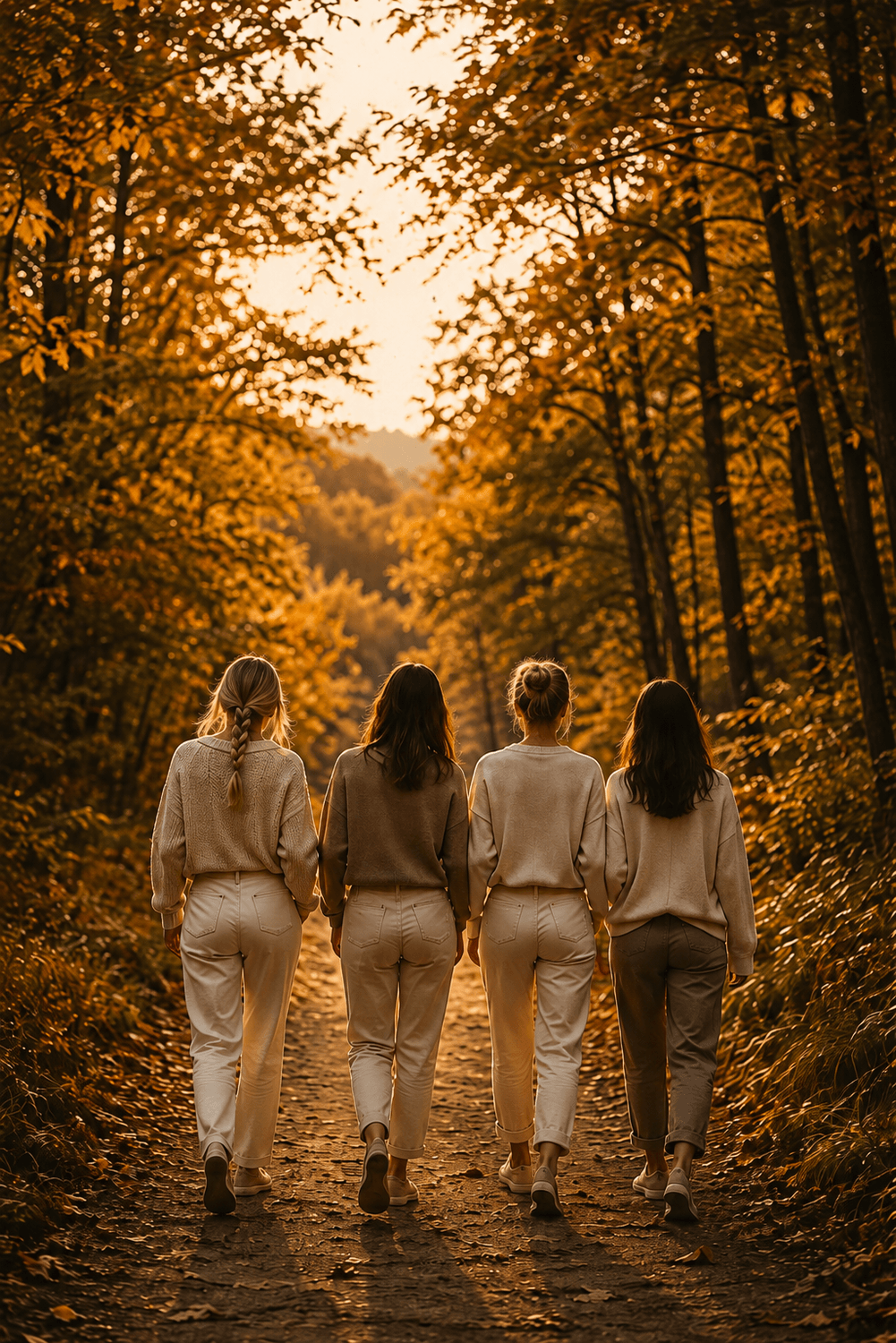 Grupo de mujeres caminando juntas en otoño