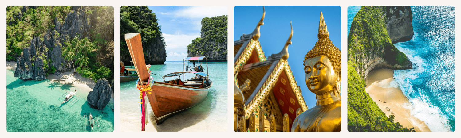 Stunning aerial view of an Asian beach and jungle, a small boat on a pristine beach, a golden Buddha temple, and the breathtaking Nusa Penida Island with its beautiful coastline. Explore unforgettable destinations and cultural experiences in Asia!