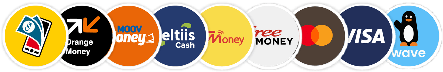 Moyens de paiement : Orange Money, Wave, MTN, Moov, Flooz, VISA, Mastercard