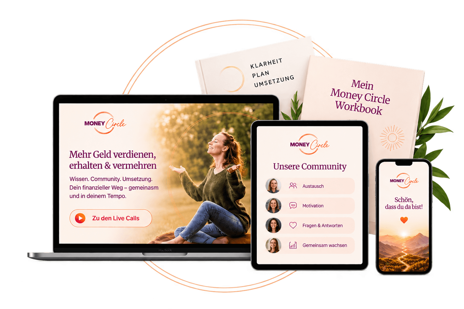 Money Circle auf Laptop, Tablet und Smartphone mit Workbook